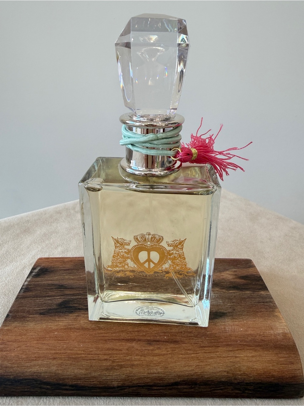 Juicy Couture Glass Perfume Bottle with Pink Tassel and Aqua Cord